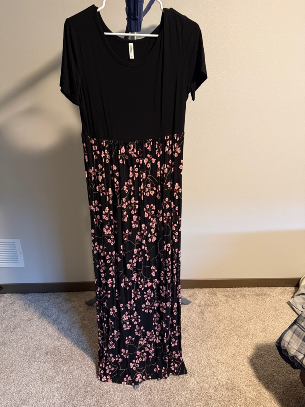Black Maxi Dress with Pink Floral Skirt - Women's Short Sleeve